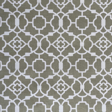 Taupe Moroccan Trellis Cotton Fabric with White Overlay – Stylish Home Textiles for Drapes, Valances, and Seat Covers